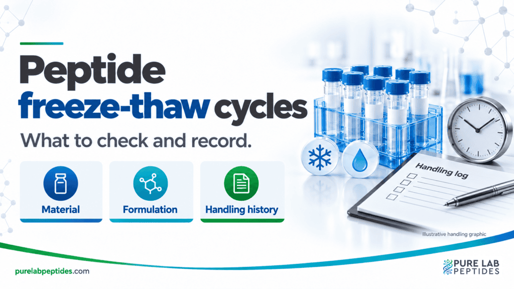 Illustrated research tubes and a handling log beside material, formulation and handling-history prompts.